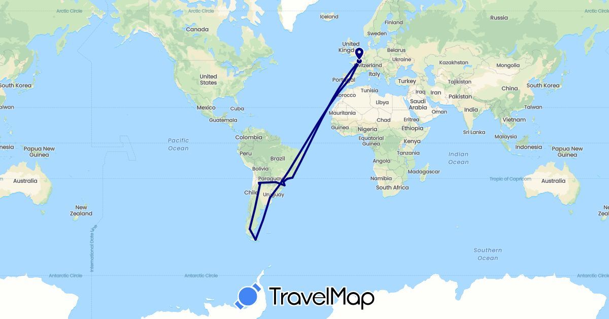 TravelMap itinerary: driving in Argentina, Brazil, Spain, France (Europe, South America)